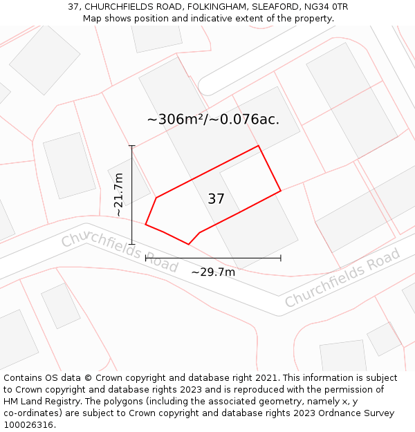 37, CHURCHFIELDS ROAD, FOLKINGHAM, SLEAFORD, NG34 0TR: Plot and title map