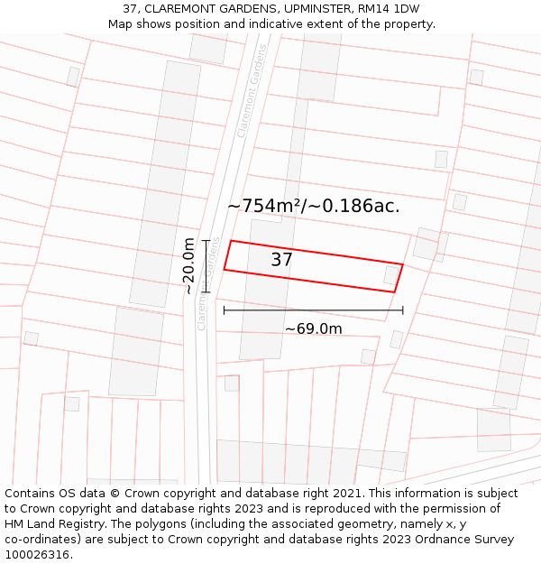 37, CLAREMONT GARDENS, UPMINSTER, RM14 1DW: Plot and title map