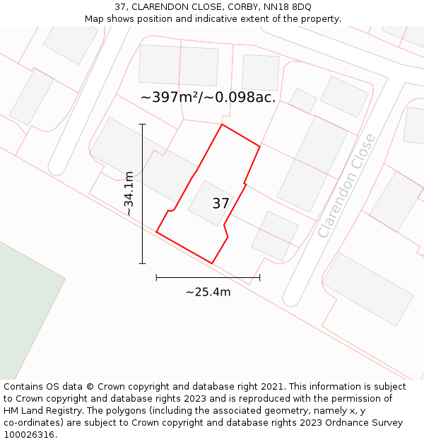 37, CLARENDON CLOSE, CORBY, NN18 8DQ: Plot and title map