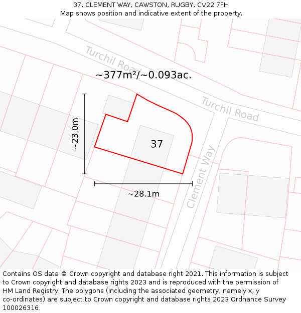 37, CLEMENT WAY, CAWSTON, RUGBY, CV22 7FH: Plot and title map