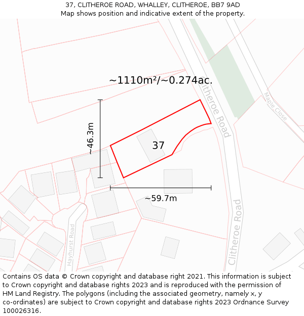 37, CLITHEROE ROAD, WHALLEY, CLITHEROE, BB7 9AD: Plot and title map