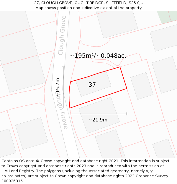 37, CLOUGH GROVE, OUGHTIBRIDGE, SHEFFIELD, S35 0JU: Plot and title map