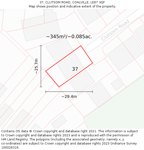 37, CLUTSOM ROAD, COALVILLE, LE67 3QF: Plot and title map