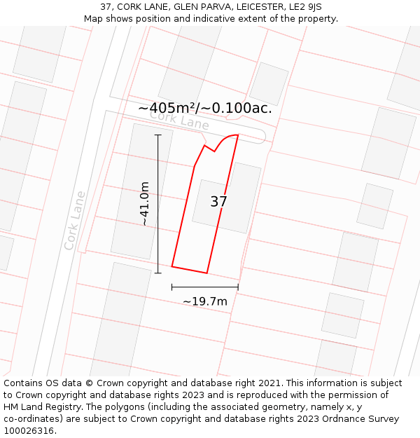 37, CORK LANE, GLEN PARVA, LEICESTER, LE2 9JS: Plot and title map