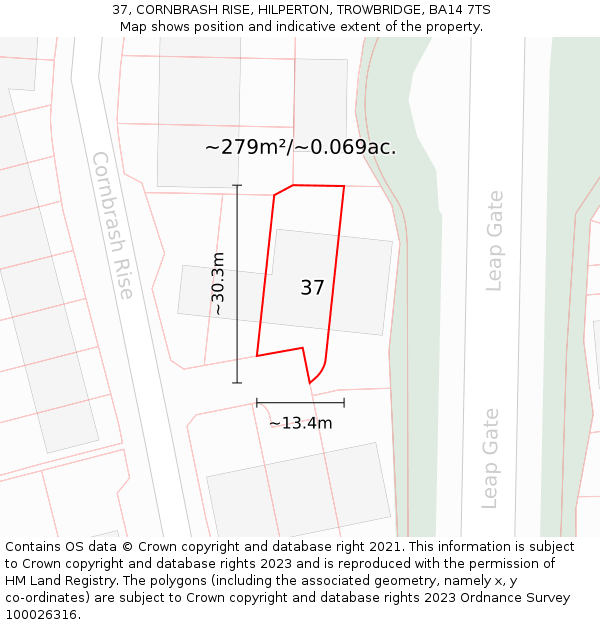 37, CORNBRASH RISE, HILPERTON, TROWBRIDGE, BA14 7TS: Plot and title map