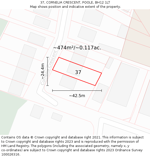 37, CORNELIA CRESCENT, POOLE, BH12 1LT: Plot and title map