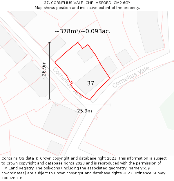 37, CORNELIUS VALE, CHELMSFORD, CM2 6GY: Plot and title map