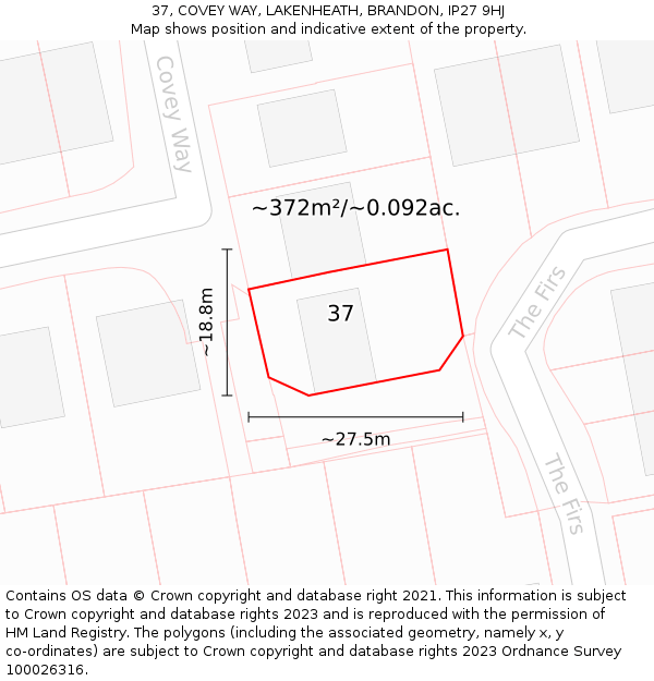 37, COVEY WAY, LAKENHEATH, BRANDON, IP27 9HJ: Plot and title map