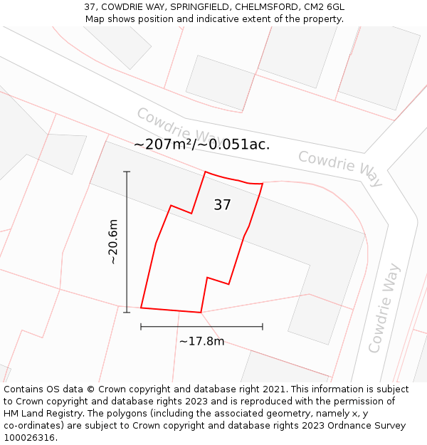 37, COWDRIE WAY, SPRINGFIELD, CHELMSFORD, CM2 6GL: Plot and title map