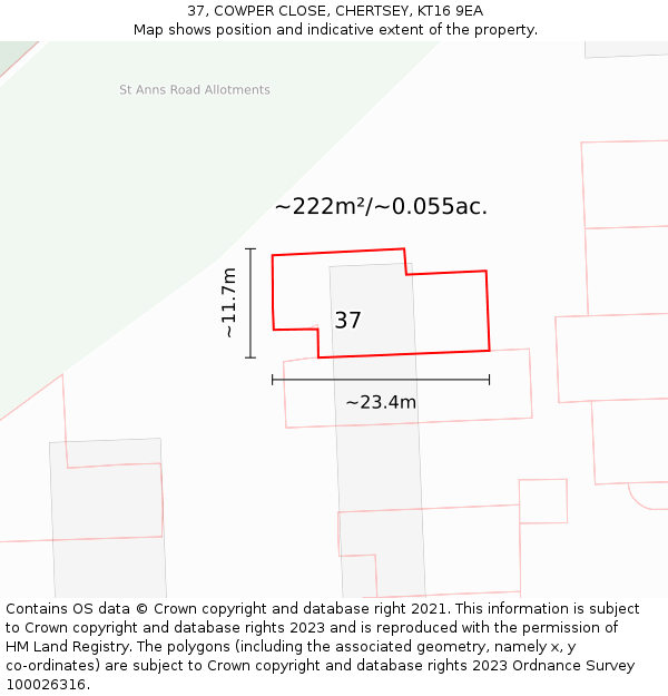 37, COWPER CLOSE, CHERTSEY, KT16 9EA: Plot and title map