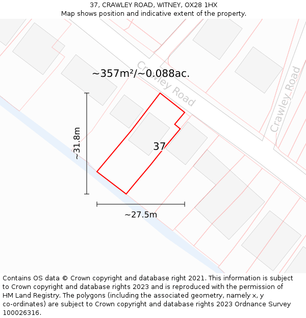 37, CRAWLEY ROAD, WITNEY, OX28 1HX: Plot and title map