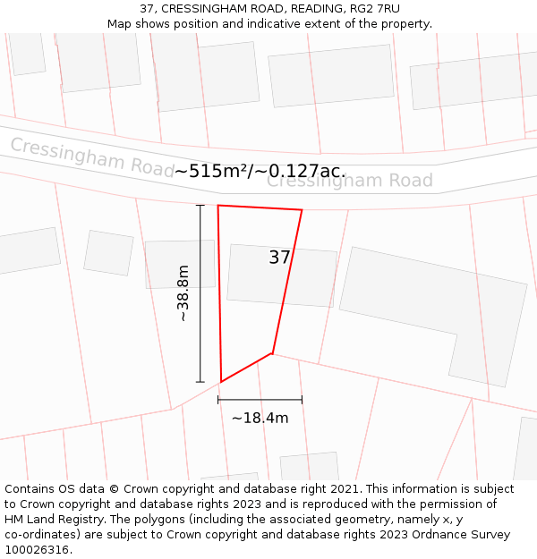 37, CRESSINGHAM ROAD, READING, RG2 7RU: Plot and title map