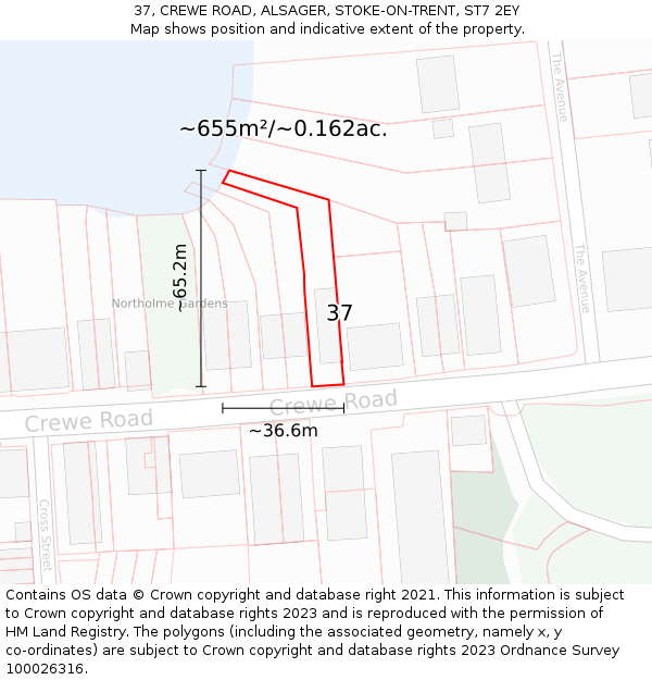 37, CREWE ROAD, ALSAGER, STOKE-ON-TRENT, ST7 2EY: Plot and title map