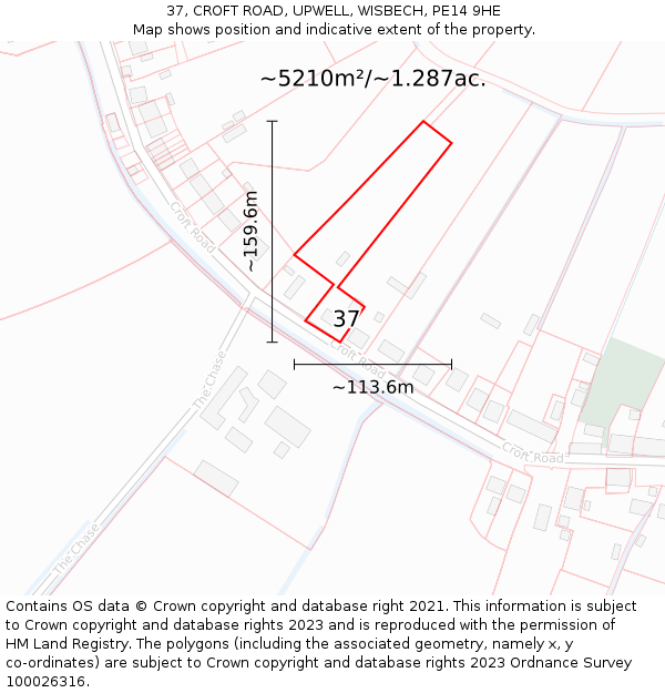 37, CROFT ROAD, UPWELL, WISBECH, PE14 9HE: Plot and title map