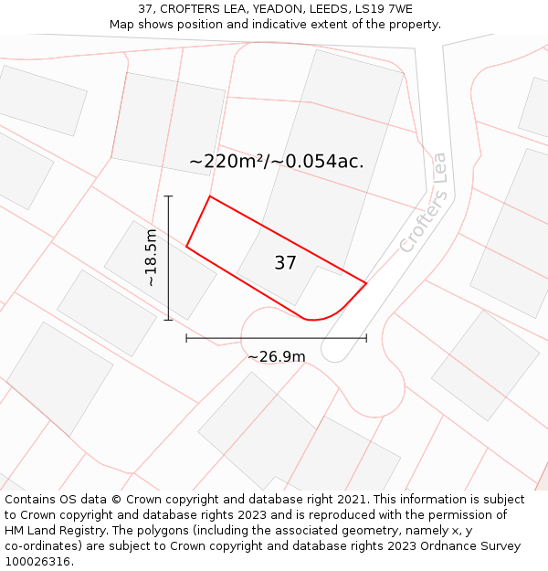 37, CROFTERS LEA, YEADON, LEEDS, LS19 7WE: Plot and title map