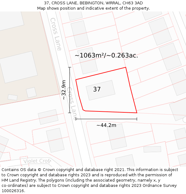 37, CROSS LANE, BEBINGTON, WIRRAL, CH63 3AD: Plot and title map