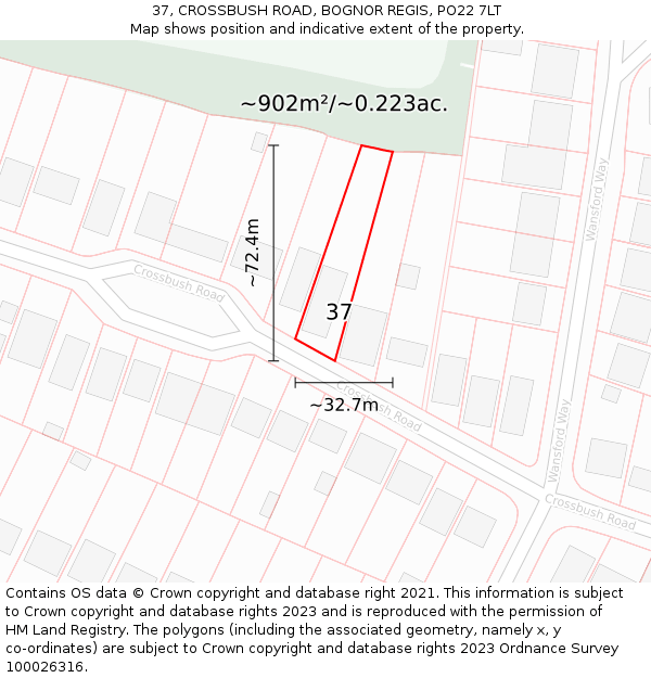 37, CROSSBUSH ROAD, BOGNOR REGIS, PO22 7LT: Plot and title map