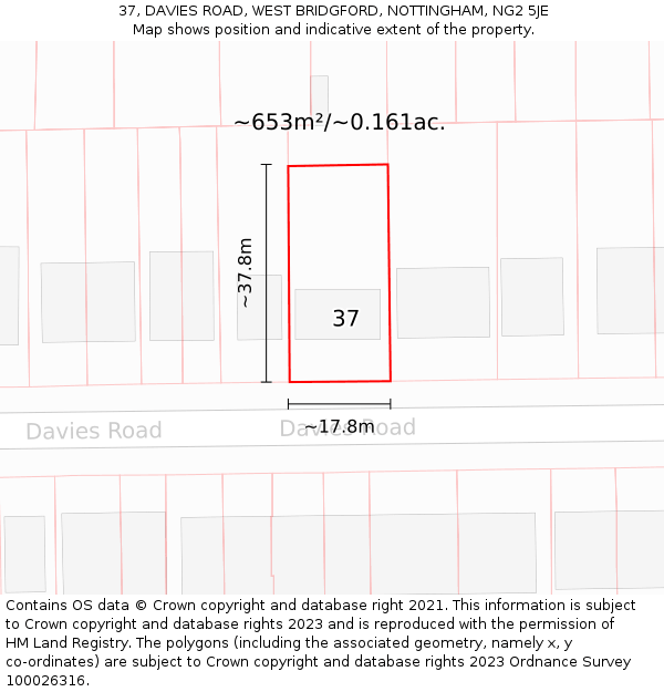 37, DAVIES ROAD, WEST BRIDGFORD, NOTTINGHAM, NG2 5JE: Plot and title map