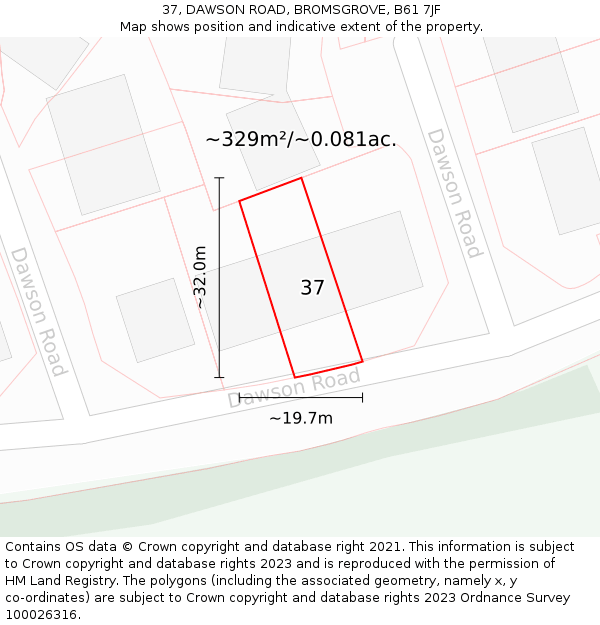 37, DAWSON ROAD, BROMSGROVE, B61 7JF: Plot and title map