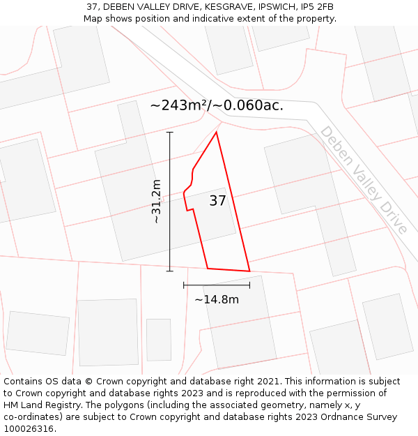 37, DEBEN VALLEY DRIVE, KESGRAVE, IPSWICH, IP5 2FB: Plot and title map