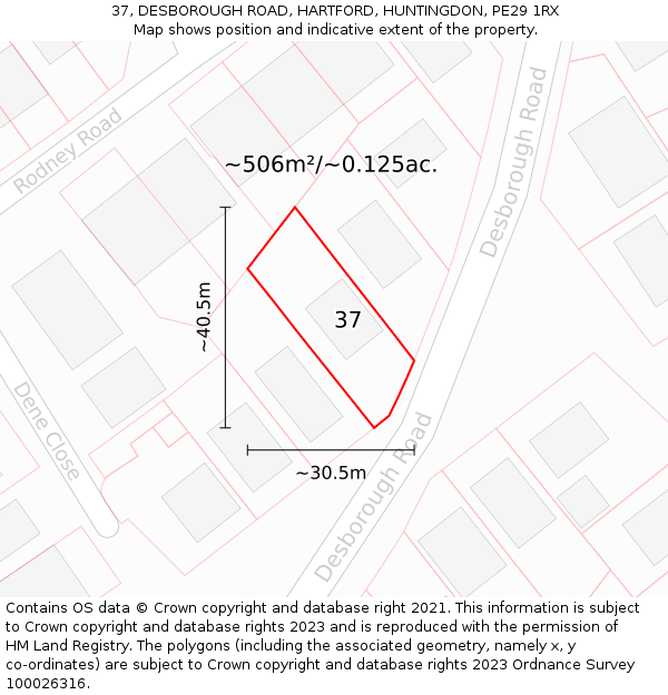 37, DESBOROUGH ROAD, HARTFORD, HUNTINGDON, PE29 1RX: Plot and title map