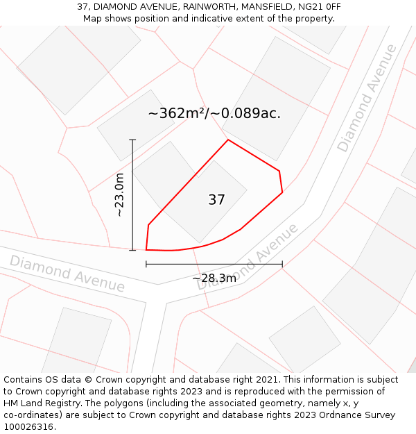 37, DIAMOND AVENUE, RAINWORTH, MANSFIELD, NG21 0FF: Plot and title map