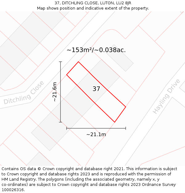 37, DITCHLING CLOSE, LUTON, LU2 8JR: Plot and title map