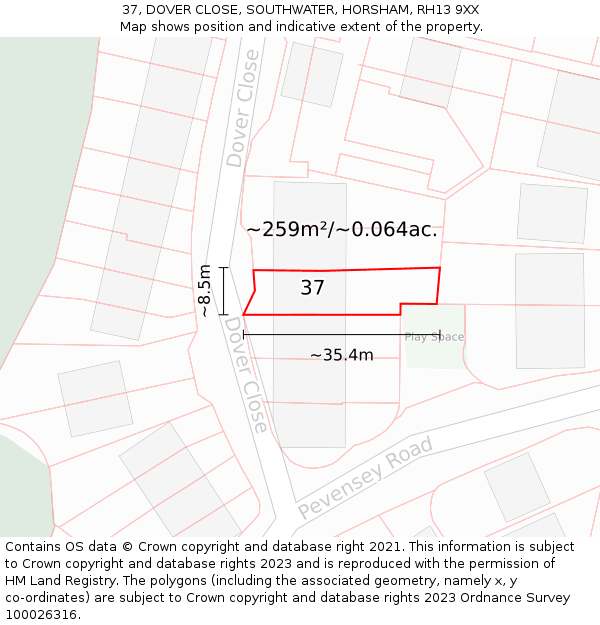 37, DOVER CLOSE, SOUTHWATER, HORSHAM, RH13 9XX: Plot and title map