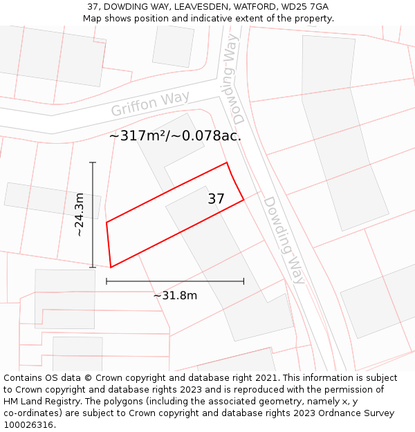 37, DOWDING WAY, LEAVESDEN, WATFORD, WD25 7GA: Plot and title map