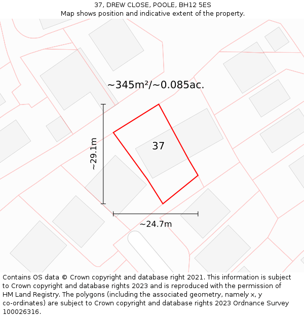 37, DREW CLOSE, POOLE, BH12 5ES: Plot and title map