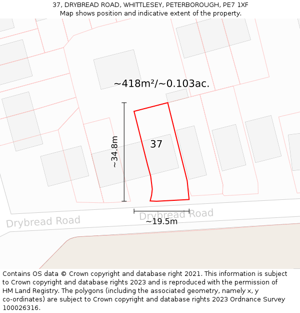 37, DRYBREAD ROAD, WHITTLESEY, PETERBOROUGH, PE7 1XF: Plot and title map