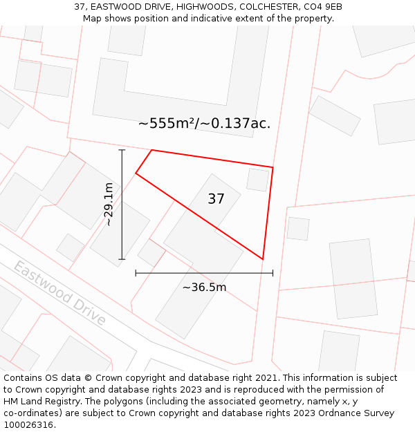 37, EASTWOOD DRIVE, HIGHWOODS, COLCHESTER, CO4 9EB: Plot and title map