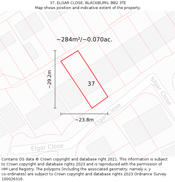 37, ELGAR CLOSE, BLACKBURN, BB2 3TE: Plot and title map