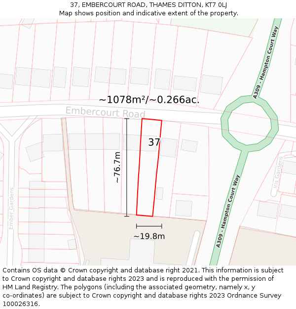 37, EMBERCOURT ROAD, THAMES DITTON, KT7 0LJ: Plot and title map