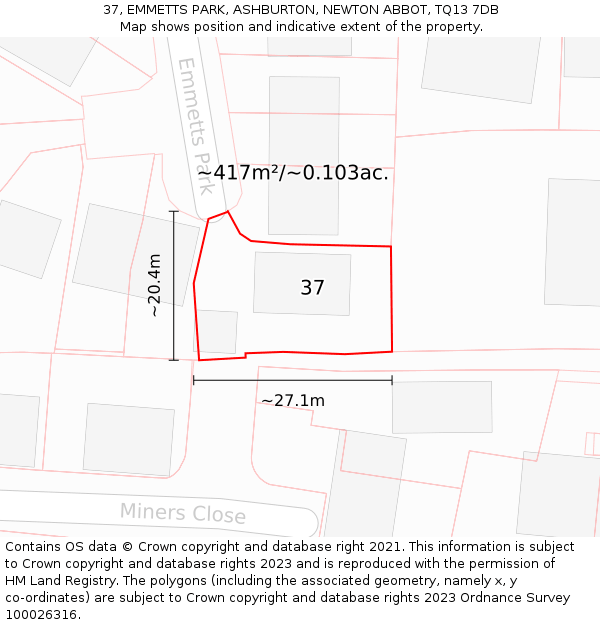 37, EMMETTS PARK, ASHBURTON, NEWTON ABBOT, TQ13 7DB: Plot and title map