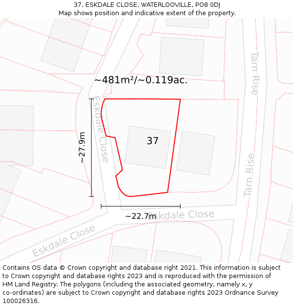 37, ESKDALE CLOSE, WATERLOOVILLE, PO8 0DJ: Plot and title map