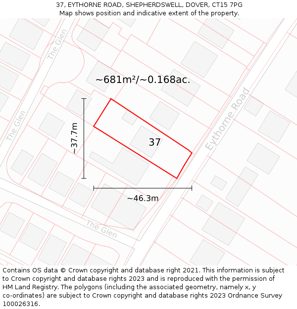 37, EYTHORNE ROAD, SHEPHERDSWELL, DOVER, CT15 7PG: Plot and title map