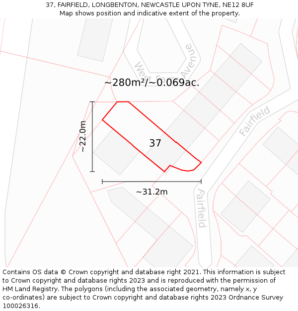 37, FAIRFIELD, LONGBENTON, NEWCASTLE UPON TYNE, NE12 8UF: Plot and title map