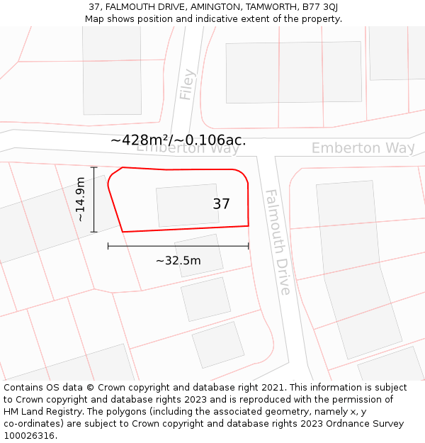 37, FALMOUTH DRIVE, AMINGTON, TAMWORTH, B77 3QJ: Plot and title map