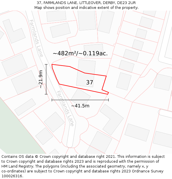 37, FARMLANDS LANE, LITTLEOVER, DERBY, DE23 2UR: Plot and title map