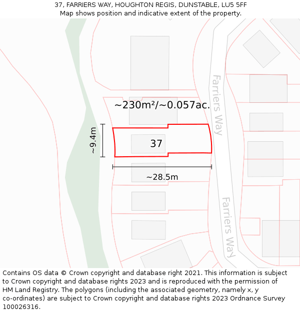 37, FARRIERS WAY, HOUGHTON REGIS, DUNSTABLE, LU5 5FF: Plot and title map