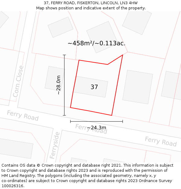 37, FERRY ROAD, FISKERTON, LINCOLN, LN3 4HW: Plot and title map