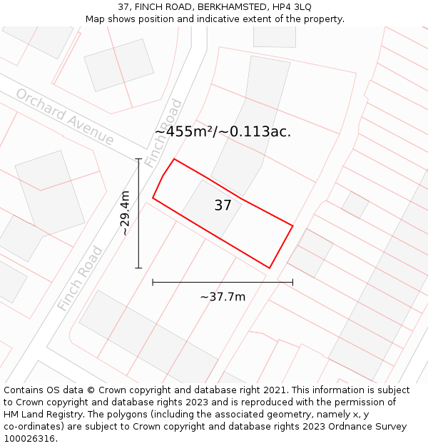 37, FINCH ROAD, BERKHAMSTED, HP4 3LQ: Plot and title map