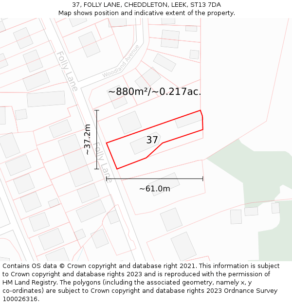 37, FOLLY LANE, CHEDDLETON, LEEK, ST13 7DA: Plot and title map