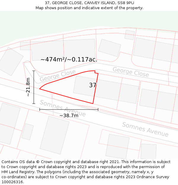 37, GEORGE CLOSE, CANVEY ISLAND, SS8 9PU: Plot and title map