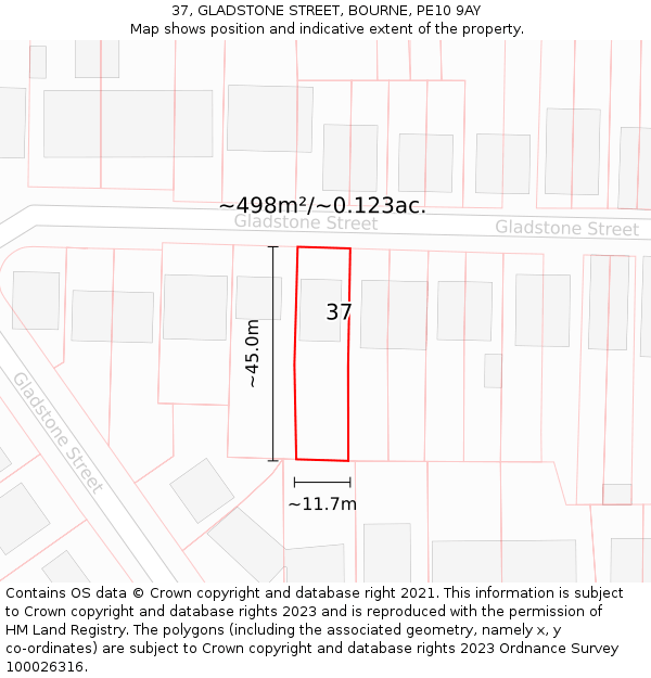 37, GLADSTONE STREET, BOURNE, PE10 9AY: Plot and title map