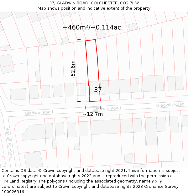 37, GLADWIN ROAD, COLCHESTER, CO2 7HW: Plot and title map