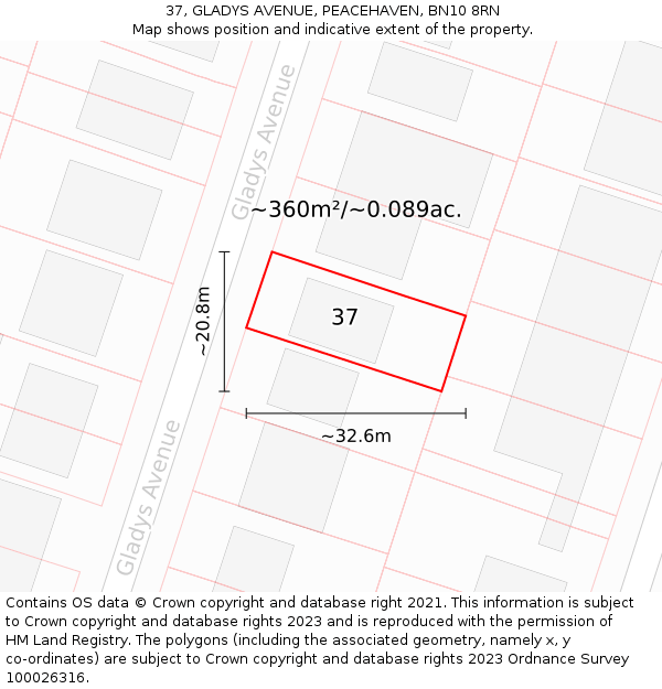 37, GLADYS AVENUE, PEACEHAVEN, BN10 8RN: Plot and title map