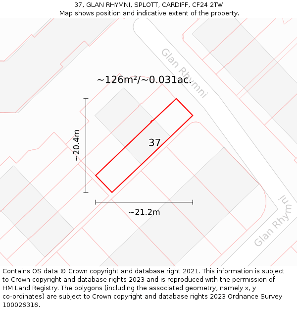 37, GLAN RHYMNI, SPLOTT, CARDIFF, CF24 2TW: Plot and title map
