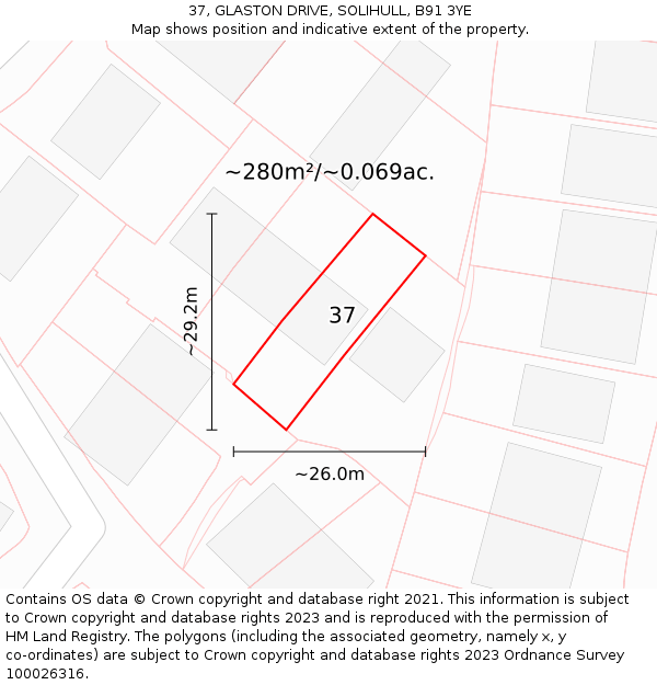 37, GLASTON DRIVE, SOLIHULL, B91 3YE: Plot and title map